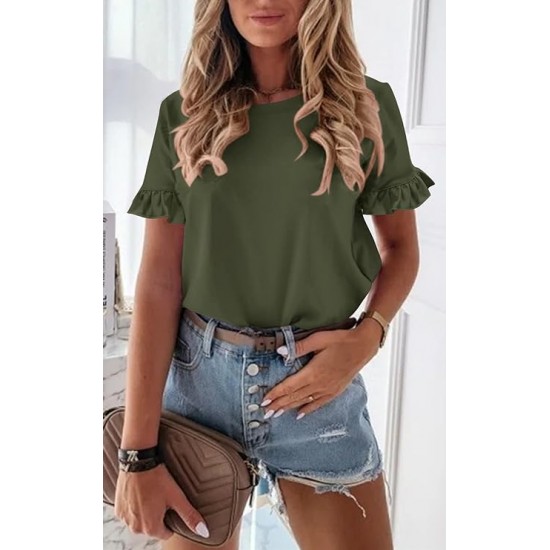 Pretty Garden Womens Plain Round Neck Cute Ruffle Short Sleeve Top