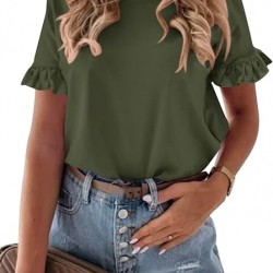 Pretty Garden Womens Plain Round Neck Cute Ruffle Short Sleeve Top