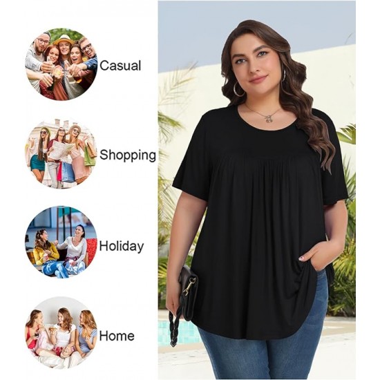 Tencede Womens Plus Size Tops Tunic Short Sleeve Crew Neck Shirts Casual Soft Blouse 1X-5X