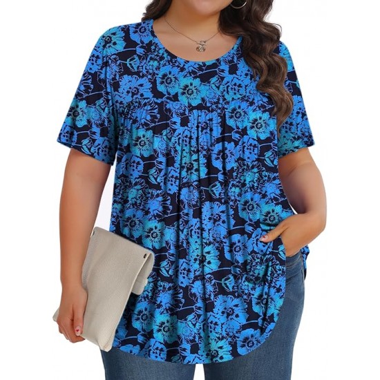 Tencede Womens Plus Size Tops Tunic Short Sleeve Crew Neck Shirts Casual Soft Blouse 1X-5X