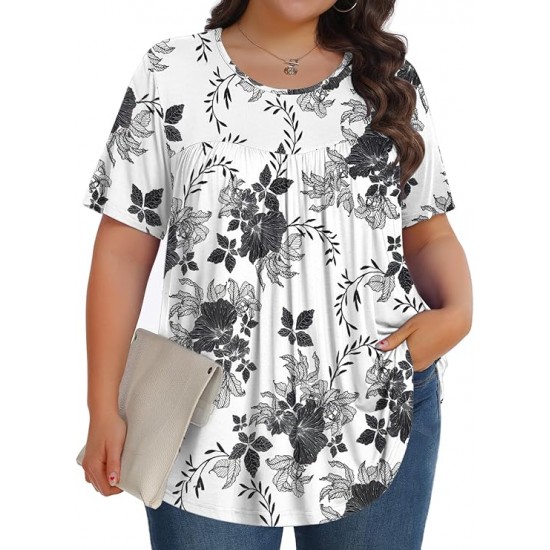 Tencede Womens Plus Size Tops Tunic Short Sleeve Crew Neck Shirts Casual Soft Blouse 1X-5X