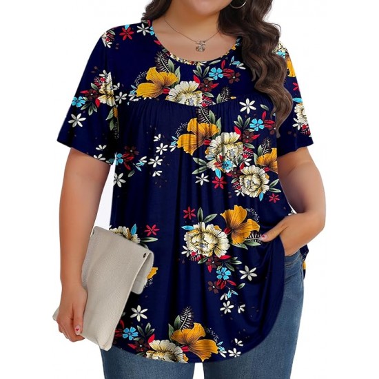 Tencede Womens Plus Size Tops Tunic Short Sleeve Crew Neck Shirts Casual Soft Blouse 1X-5X