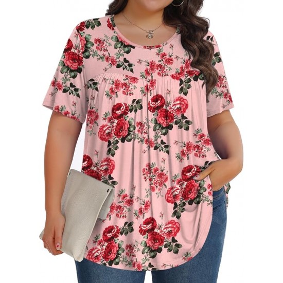 Tencede Womens Plus Size Tops Tunic Short Sleeve Crew Neck Shirts Casual Soft Blouse 1X-5X