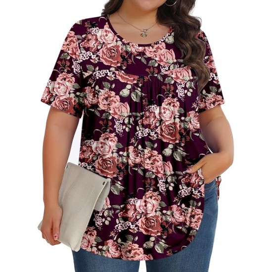 Tencede Womens Plus Size Tops Tunic Short Sleeve Crew Neck Shirts Casual Soft Blouse 1X-5X