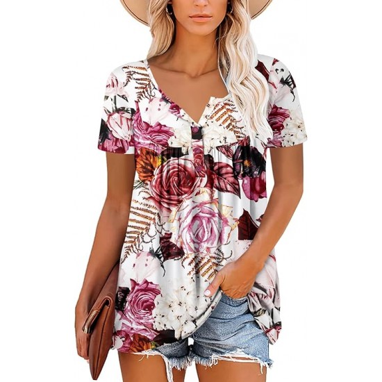 ROSELINLIN Women's Short Sleeve Shirts Long Sleeve Floral Summer Tops Loose Fit for Leggings