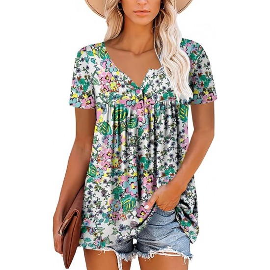 ROSELINLIN Women's Short Sleeve Shirts Long Sleeve Floral Summer Tops Loose Fit for Leggings