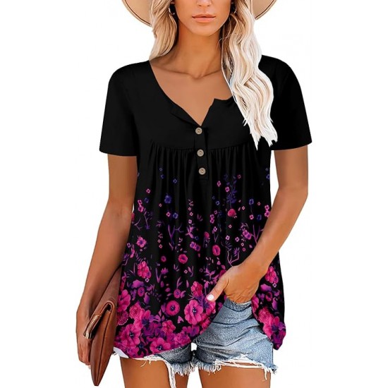 ROSELINLIN Women's Short Sleeve Shirts Long Sleeve Floral Summer Tops Loose Fit for Leggings