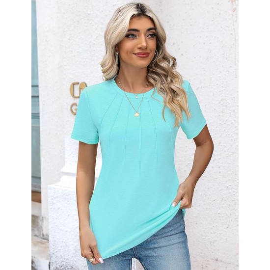 Kistore Womens Casual Crew Neck Short Sleeve Pleated Tops Blouses Fashion Clothes 2024