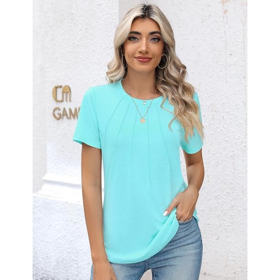 Kistore Womens Casual Crew Neck Short Sleeve Pleated Tops Blouses Fashion Clothes 2024