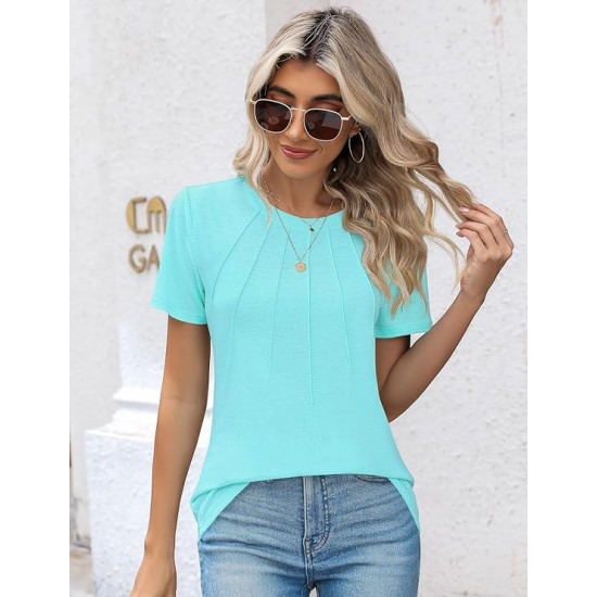 Kistore Womens Casual Crew Neck Short Sleeve Pleated Tops Blouses Fashion Clothes 2024